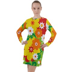 Flower Power Wallpaper Green Yellow Orange Red Long Sleeve Hoodie Dress