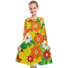 Flower Power Wallpaper Green Yellow Orange Red Kids  Midi Sailor Dress by EDDArt