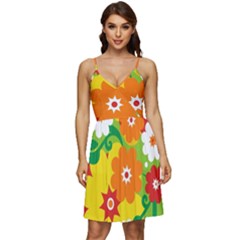 Flower Power Wallpaper Green Yellow Orange Red V-neck Pocket Summer Dress  by EDDArt