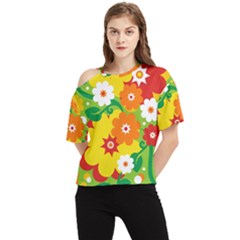 Flower Power Wallpaper Green Yellow Orange Red One Shoulder Cut Out Tee by EDDArt