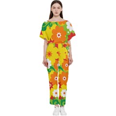 Flower Power Wallpaper Green Yellow Orange Red Batwing Lightweight Chiffon Jumpsuit by EDDArt