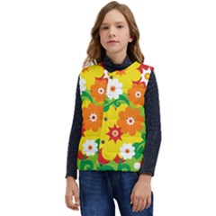 Flower Power Wallpaper Green Yellow Orange Red Kid s Short Button Up Puffer Vest	