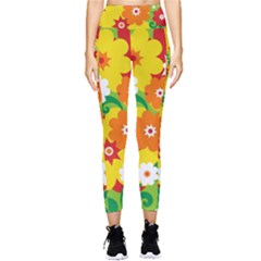 Flower Power Wallpaper Green Yellow Orange Red Pocket Leggings  by EDDArt