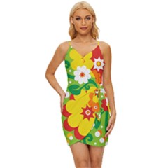 Flower Power Wallpaper Green Yellow Orange Red Wrap Tie Front Dress