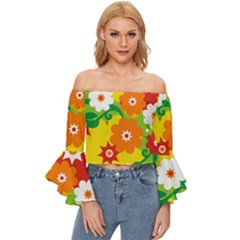 Flower Power Wallpaper Green Yellow Orange Red Off Shoulder Flutter Bell Sleeve Top