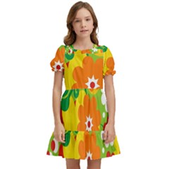 Flower Power Wallpaper Green Yellow Orange Red Kids  Puff Sleeved Dress by EDDArt