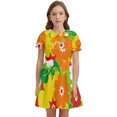 Flower Power Wallpaper Green Yellow Orange Red Kids  Bow Tie Puff Sleeve Dress