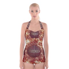 Chartres Double Infinity Antique Mandala Boyleg Halter Swimsuit  by EDDArt