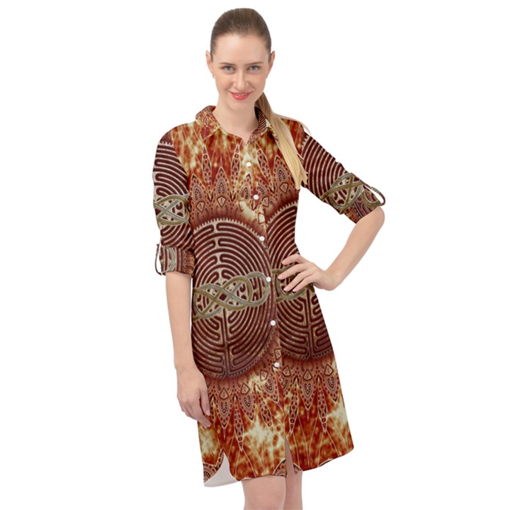 Chartres Double Infinity Antique Mandala Long Sleeve Mini Shirt Dress