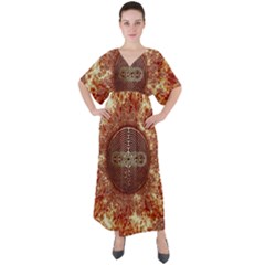 Chartres Double Infinity Antique Mandala V-neck Boho Style Maxi Dress by EDDArt