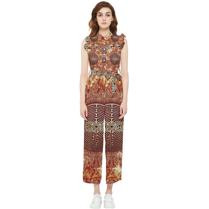 Chartres Double Infinity Antique Mandala Women s Frill Top Chiffon Jumpsuit