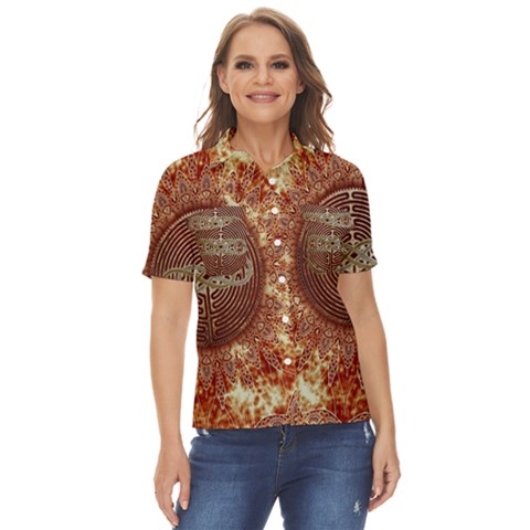 Chartres Double Infinity Antique Mandala Women s Short Sleeve Double Pocket Shirt by EDDArt