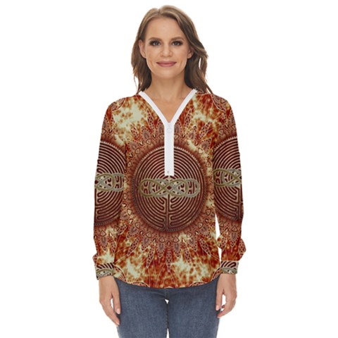 Chartres Double Infinity Antique Mandala Zip Up Long Sleeve Blouse by EDDArt