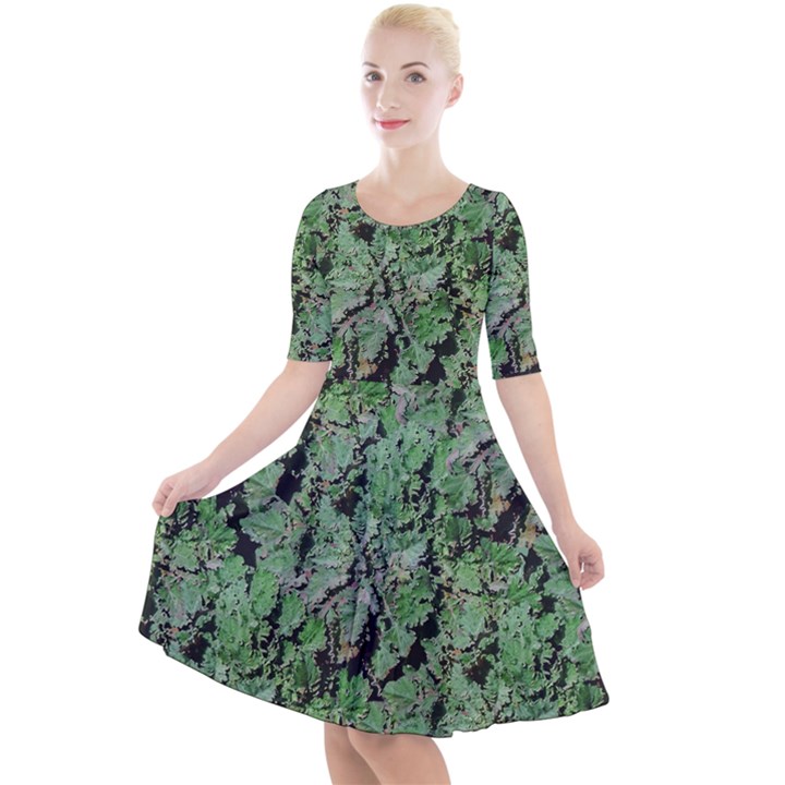 Botanic Camouflage Pattern Quarter Sleeve A-Line Dress