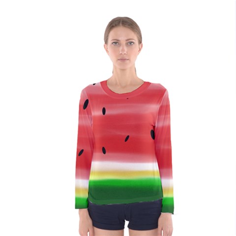 Painted Watermelon Pattern, Fruit Themed Apparel Women s Long Sleeve Tee by Casemiro