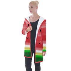 Painted Watermelon Pattern, Fruit Themed Apparel Longline Hooded Cardigan by Casemiro