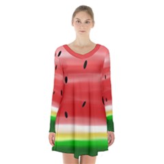 Painted Watermelon Pattern, Fruit Themed Apparel Long Sleeve Velvet V-neck Dress