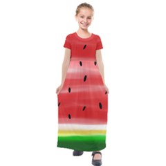 Painted Watermelon Pattern, Fruit Themed Apparel Kids  Short Sleeve Maxi Dress by Casemiro