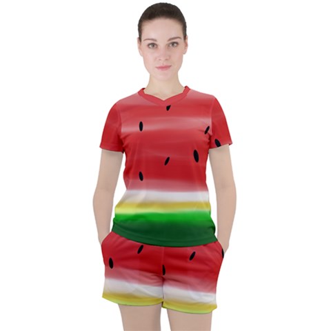 Painted Watermelon Pattern, Fruit Themed Apparel Women s Tee And Shorts Set by Casemiro