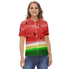 Painted Watermelon Pattern, Fruit Themed Apparel Women s Short Sleeve Double Pocket Shirt