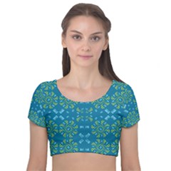 Abstract Pattern Geometric Backgrounds   Velvet Short Sleeve Crop Top  by Eskimos