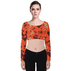 Abstract Pattern Geometric Backgrounds   Velvet Long Sleeve Crop Top by Eskimos