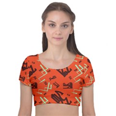 Abstract Pattern Geometric Backgrounds   Velvet Short Sleeve Crop Top  by Eskimos