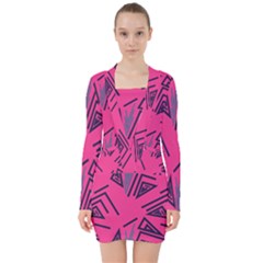 Abstract Pattern Geometric Backgrounds   V-neck Bodycon Long Sleeve Dress by Eskimos