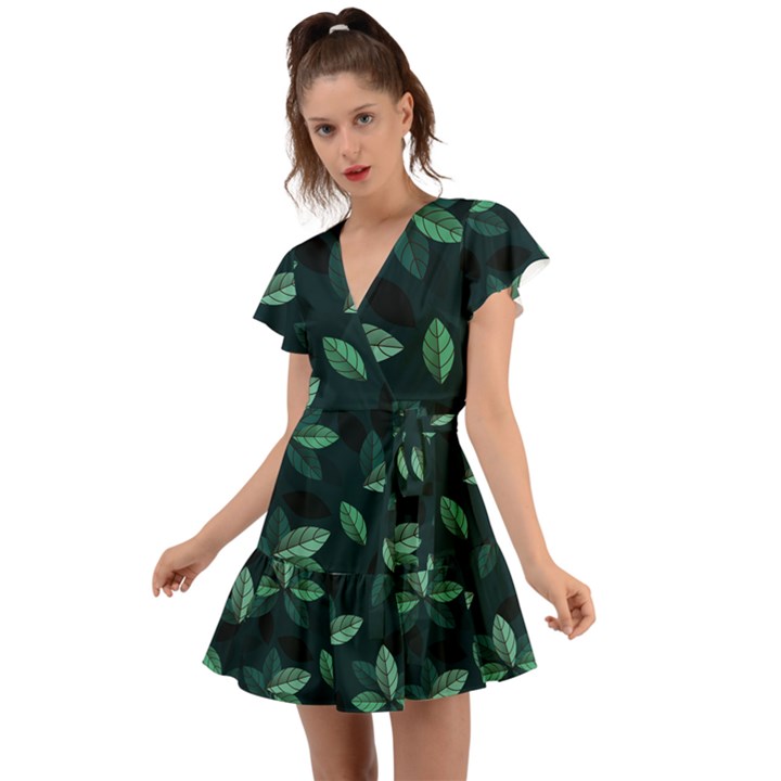 Foliage Flutter Sleeve Wrap Dress