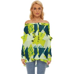 Abstract Pattern Geometric Backgrounds   Off Shoulder Chiffon Pocket Shirt