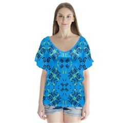 Abstract Pattern Geometric Backgrounds   V-neck Flutter Sleeve Top by Eskimos