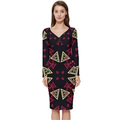 Abstract Pattern Geometric Backgrounds   Long Sleeve V-neck Bodycon Dress 