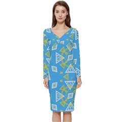 Abstract Pattern Geometric Backgrounds   Long Sleeve V-neck Bodycon Dress 