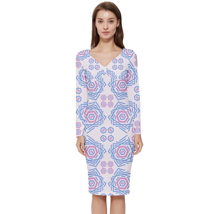 Abstract pattern geometric backgrounds   Long Sleeve V-Neck Bodycon Dress 