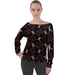 Red Skulls Off Shoulder Long Sleeve Velour Top by Sparkle