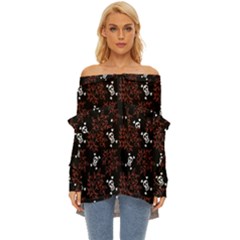 Red Skulls Off Shoulder Chiffon Pocket Shirt