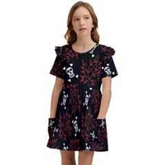 Red Skulls Kids  Frilly Sleeves Pocket Dress