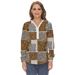 Animal Skin Pattern Zip Up Long Sleeve Blouse