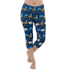 Dolphins Bees Pattern Lightweight Velour Capri Yoga Leggings by Sparkle