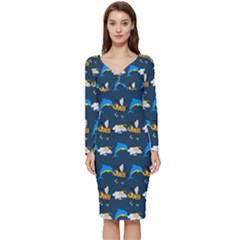 Dolphins Bees Pattern Long Sleeve V-neck Bodycon Dress 