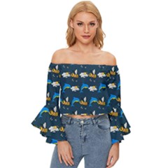 Dolphins Bees Pattern Off Shoulder Flutter Bell Sleeve Top