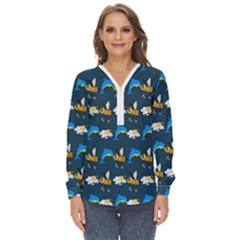 Dolphins Bees Pattern Zip Up Long Sleeve Blouse