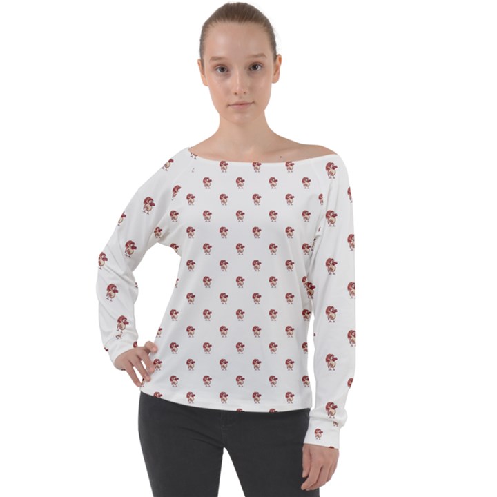 Weird Fantasy Bird Drawing Motif Pattern Off Shoulder Long Sleeve Velour Top