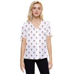 Weird Fantasy Bird Drawing Motif Pattern Bow Sleeve Button Up Top