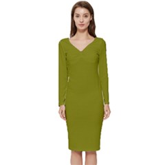 Olive Long Sleeve V-neck Bodycon Dress 