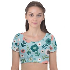 Flower Velvet Short Sleeve Crop Top  by zappwaits