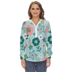 Flower Zip Up Long Sleeve Blouse