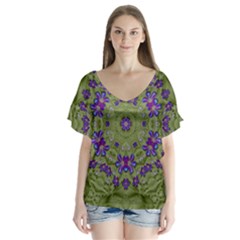 Retro And Tropical Paradise Artwork V-neck Flutter Sleeve Top by pepitasart