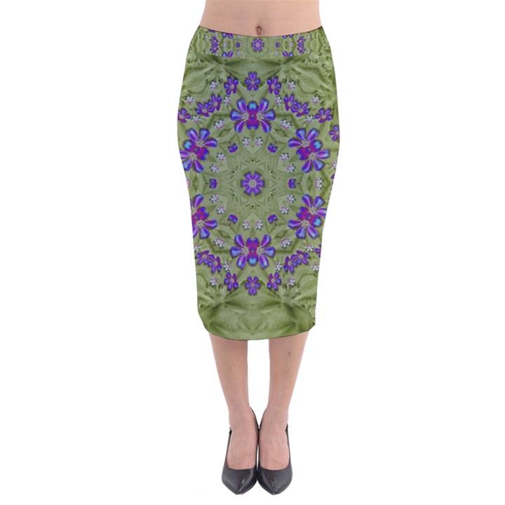 Retro And Tropical Paradise Artwork Velvet Midi Pencil Skirt