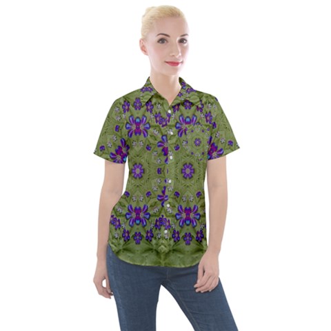 Retro And Tropical Paradise Artwork Women s Short Sleeve Pocket Shirt by pepitasart